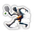 Zombie Playing Pickleball sticker or digital artwork featuring a cartoon skeleton with a paddle and ball.