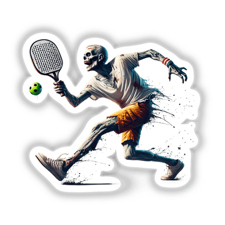 Zombie Playing Pickleball sticker or digital artwork featuring a cartoon skeleton with a paddle and ball.