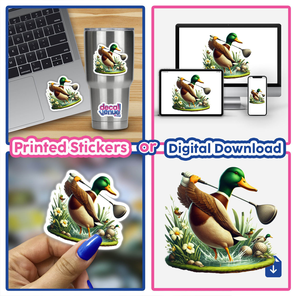 Mallard Duck Golfing on Pond: Collage featuring a duck holding a golf club, a laptop sticker, and various ducks with nets, available as stickers or digital artwork.