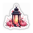Charming Lantern and Pink Aesthetic Pumpkin Clipart features a lantern with a candle, surrounded by pumpkins and flowers, ideal for stickers or commercial use downloads.
