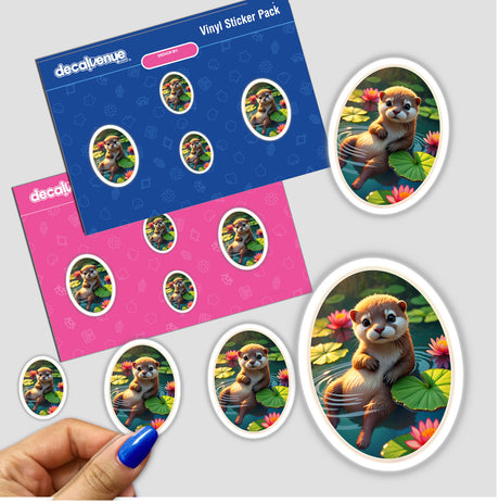 Cute Otter In The Water sticker featuring a cartoon otter swimming among lily pads, available as a sticker or digital artwork from Decal Venue.