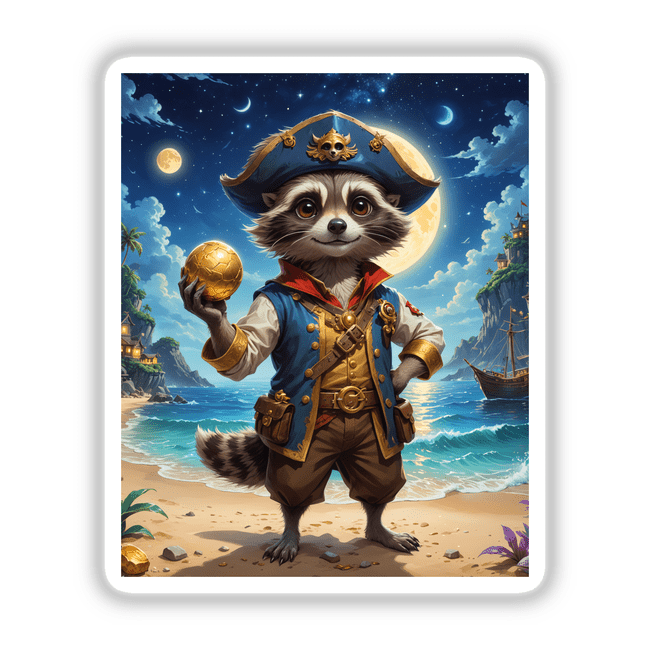 Cartoon raccoon pirate holding a gold ball on a beach, available as A Cute Fantasy Raccoon Pirate stickers or digital artwork.