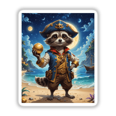 Cartoon raccoon pirate holding a gold ball on a beach, available as A Cute Fantasy Raccoon Pirate stickers or digital artwork.