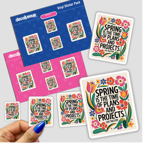 Spring Plans Tolstoy Quote Sticker features fauvist floral clipart. The design includes flowers and text, available as a sticker or digital artwork, embodying Decal Venue's unique style.