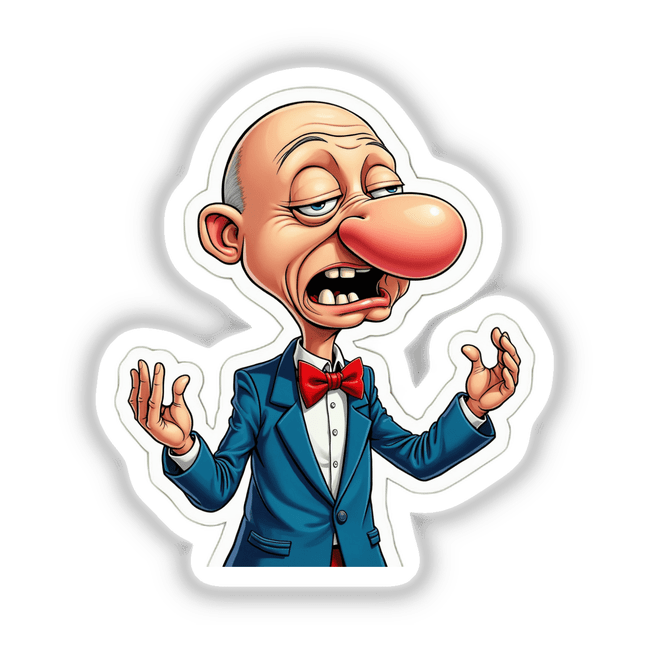 Nariz Inchadão: Cartoon of a man with a big nose in a suit and bow tie, available as stickers or digital artwork.