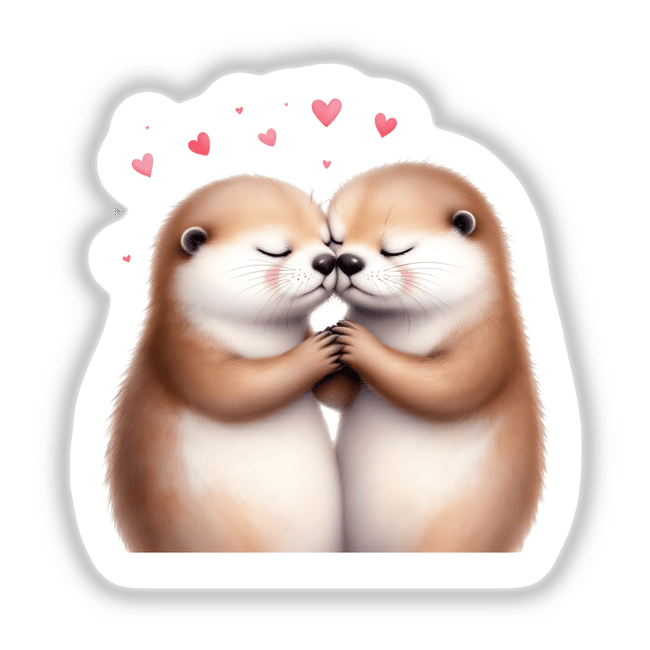 Sleeping Otters Holding Hands with Hearts: Two cartoon otters embrace, surrounded by heart motifs, embodying warmth and affection. Available as stickers and digital artwork, perfect for decor or gifting.