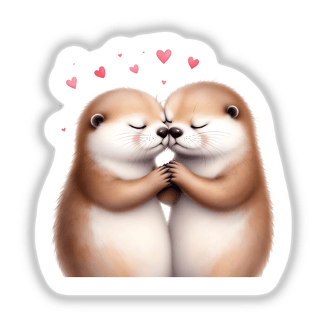 Sleeping Otters Holding Hands with Hearts: Two cartoon otters embrace, surrounded by heart motifs, embodying warmth and affection. Available as stickers and digital artwork, perfect for decor or gifting.