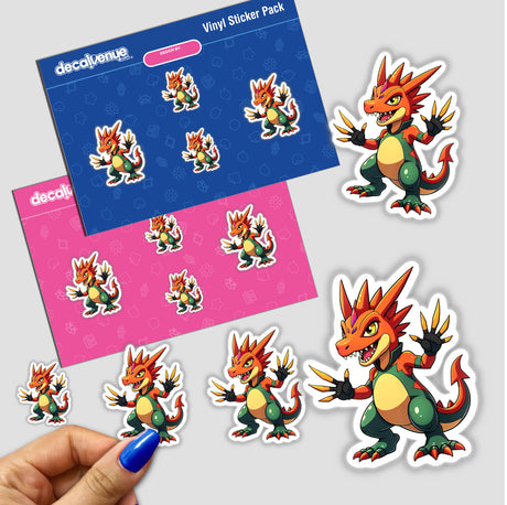 Dino Fighter - Cretaceous Crusher stickers feature lively cartoon dragons, perfect for adding a playful touch to any surface. Available as unique vinyl decals or digital artwork.