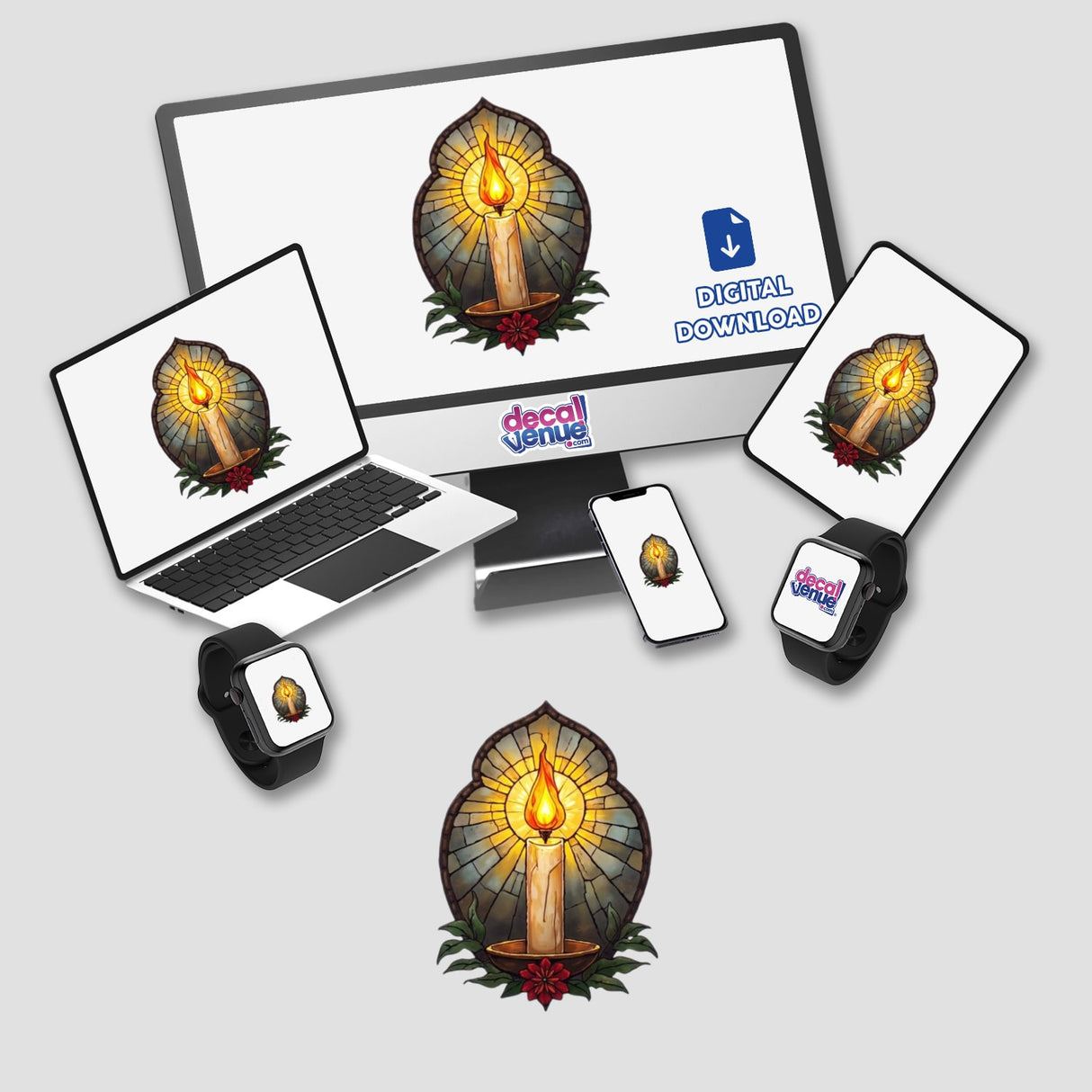 Stained Glass Paschal Candle Clipart displayed on a computer and laptop screens, available as stickers or digital artwork, reflecting Decal Venue's unique vinyl and digital art offerings.