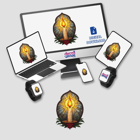 Stained Glass Paschal Candle Clipart displayed on a computer and laptop screens, available as stickers or digital artwork, reflecting Decal Venue's unique vinyl and digital art offerings.