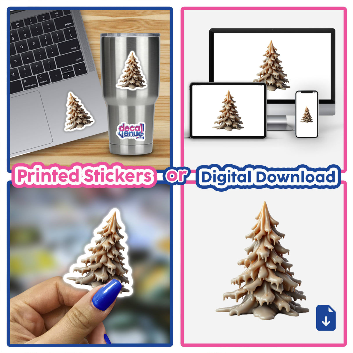Collage showcasing Christmas Tree Dripping Candle Wax design, featuring close-ups of tree and decal details, available as unique stickers or digital artwork from Decal Venue.