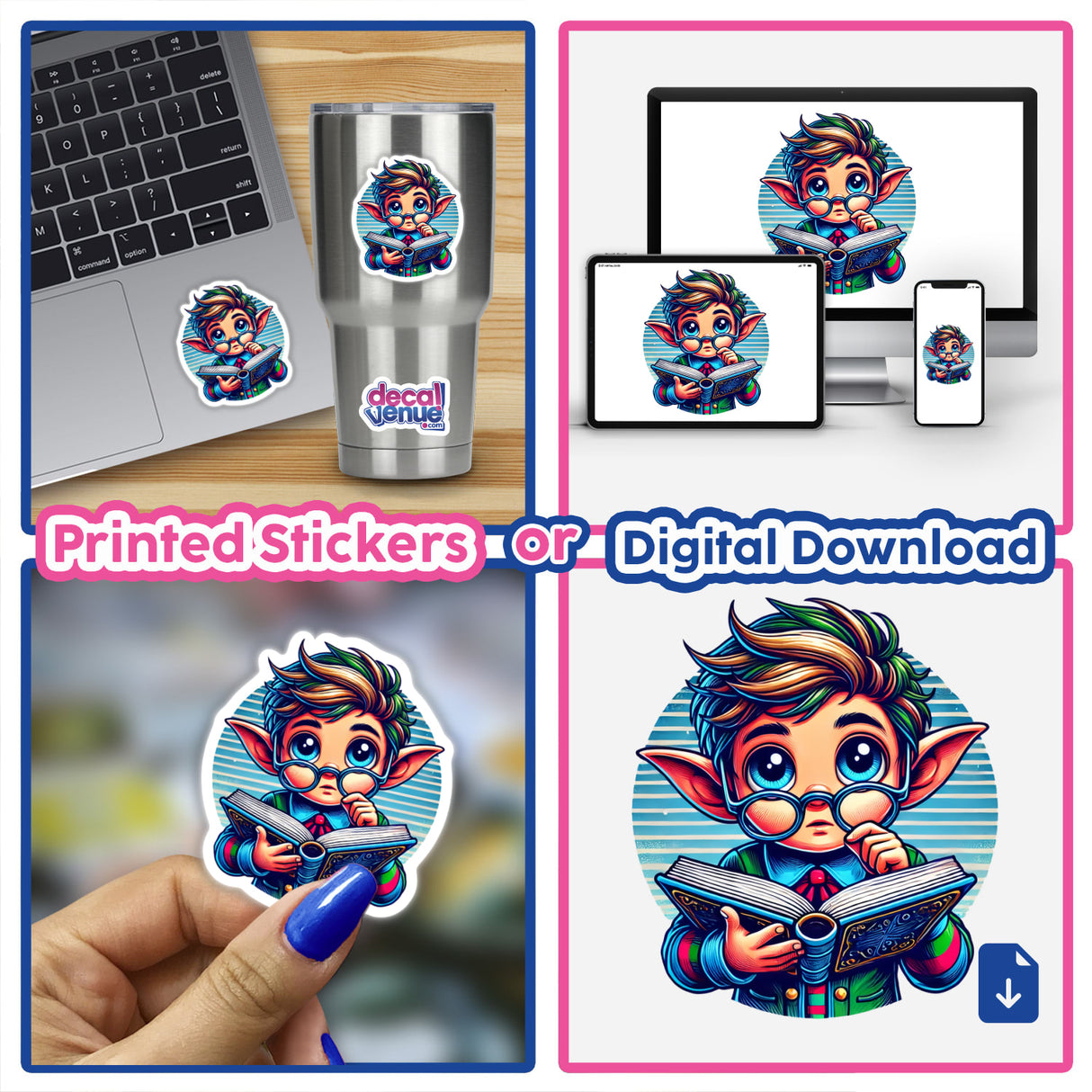 Collage featuring 'Elf in Reading Glasses with Book' stickers and digital artwork, showcasing the character reading amidst various settings, suitable for laptops and other surfaces.