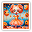 Bratty Princess Doll of Oranges: A whimsical cartoon of a girl in a vibrant dress with orange hair, accompanied by a playful apple character. Available as unique stickers or digital artwork.
