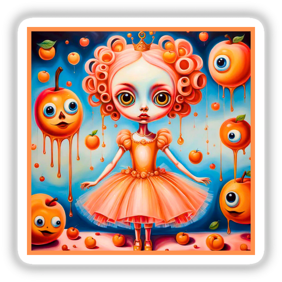 Bratty Princess Doll of Oranges: A whimsical cartoon of a girl in a vibrant dress with orange hair, accompanied by a playful apple character. Available as unique stickers or digital artwork.