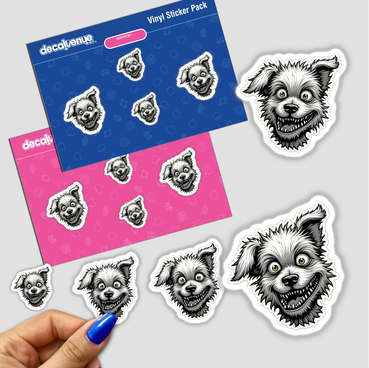 Sticker titled Cachorro Cinzentado featuring a cartoon dog face with sharp teeth, available from Decal Venue.
