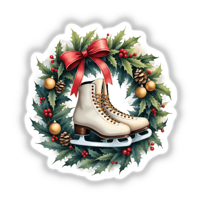 Ice Skates in a Christmas Wreath features white skates intertwined with holly, pinecones, and a red bow, ideal as a sticker or digital art from DecalVenue for festive projects.