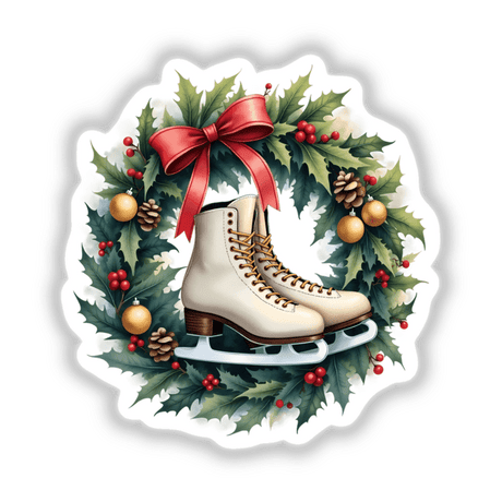 Ice Skates in a Christmas Wreath features white skates intertwined with holly, pinecones, and a red bow, ideal as a sticker or digital art from DecalVenue for festive projects.