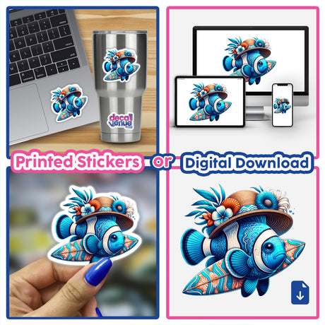 Clownfish in Summer Beach Hat with Surfboard