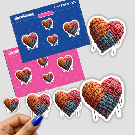 Sticker pack featuring a knitted yarn heart design, available as both physical stickers and digital artwork, showcasing Decal Venue's unique creative offerings.
