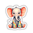 A Cute Elephant With Flowers illustration, featuring a cartoon elephant adorned with floral designs, available as stickers or digital artwork from Decal Venue.