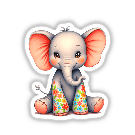 A Cute Elephant With Flowers illustration, featuring a cartoon elephant adorned with floral designs, available as stickers or digital artwork from Decal Venue.