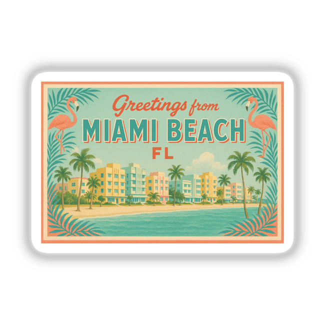 Greetings from Miami Beach Postcard Sticker or Clipart showcases retro Art Deco design, embodying vibrant Miami beach vibes. Available as stickers or digital artwork, perfect for unique commercial use.