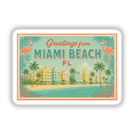 Greetings from Miami Beach Postcard Sticker or Clipart showcases retro Art Deco design, embodying vibrant Miami beach vibes. Available as stickers or digital artwork, perfect for unique commercial use.