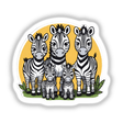 Vibrant zebra family digital artwork with a bold yellow background, featuring a group of distinctive black and white striped zebras surrounded by lush greenery.