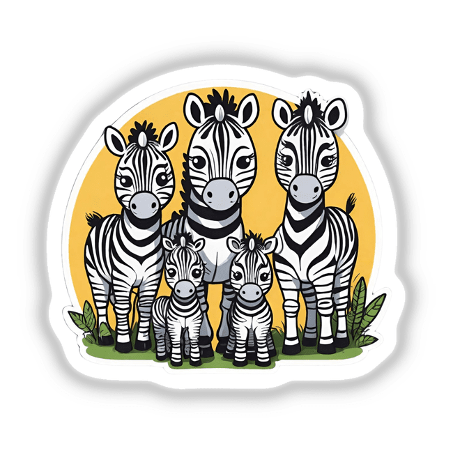 Vibrant zebra family digital artwork with a bold yellow background, featuring a group of distinctive black and white striped zebras surrounded by lush greenery.