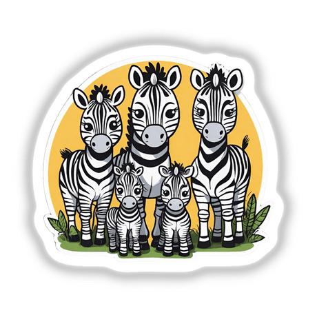 Vibrant zebra family digital artwork with a bold yellow background, featuring a group of distinctive black and white striped zebras surrounded by lush greenery.