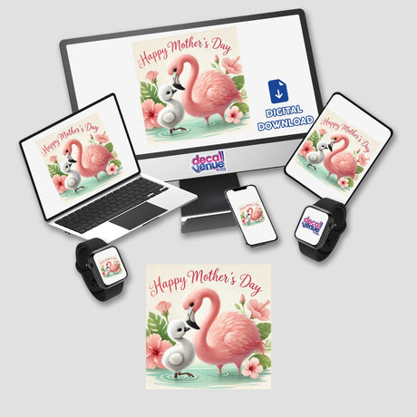 Happy Mothers Day flamingos floral illustration, featuring two elegant flamingos surrounded by delicate floral accents. Available as stickers or digital artwork, perfect for celebrating Mother's Day with unique charm.