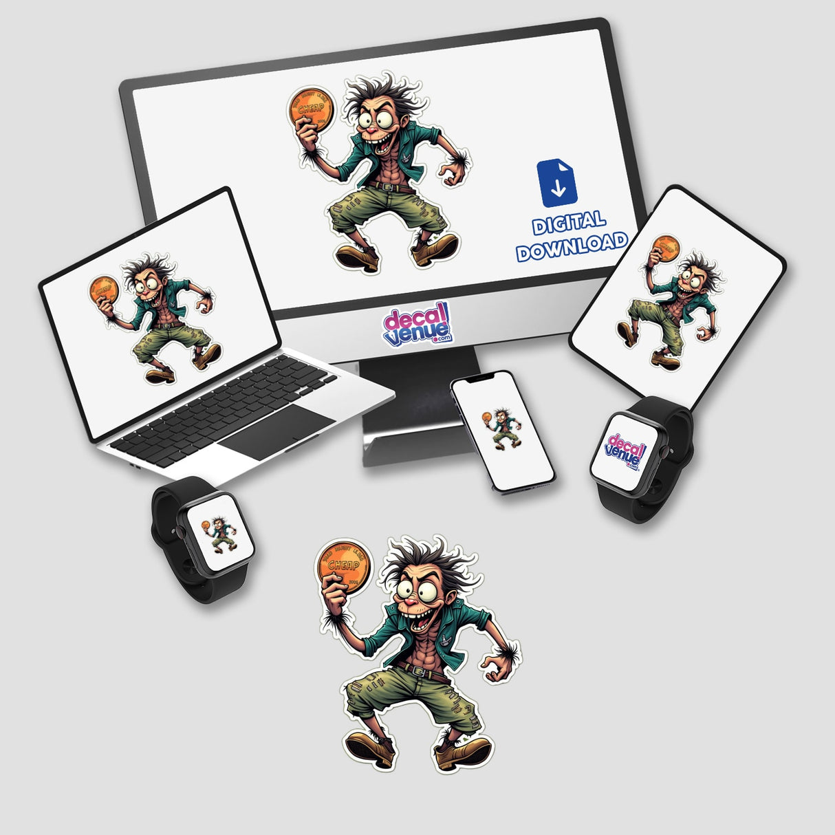 Achei uma Moeda: A computer monitor and laptop displaying cartoon characters, one holding a coin, available as stickers or digital artwork.