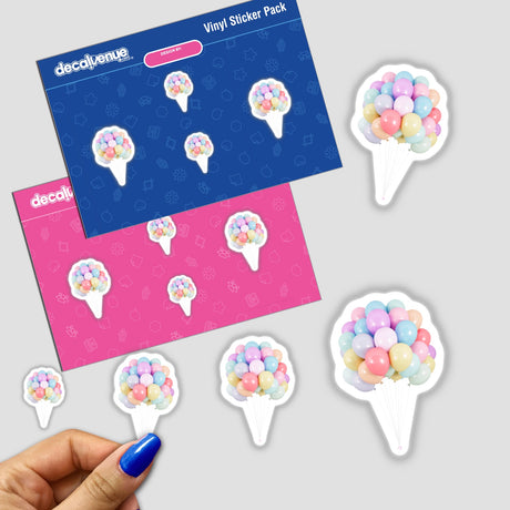 A bunch of pastel helium balloons with white strings, available as stickers or digital downloads from the Decal Venue shop, which features unique stickers and digital artwork by talented designers.