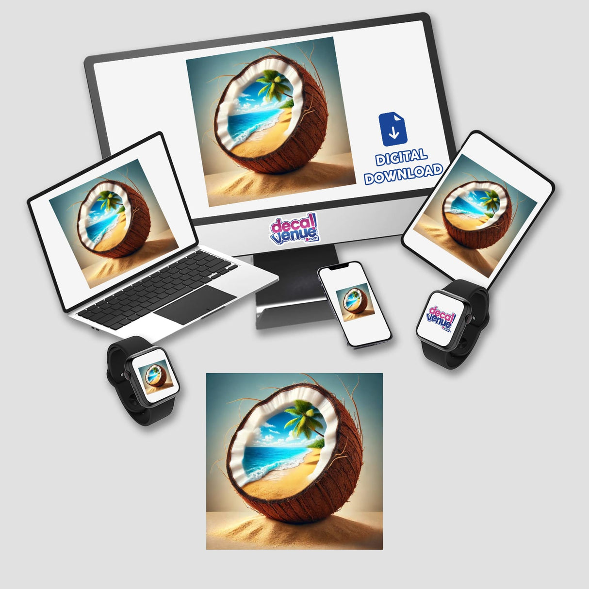 Tropical Escape Beach Paradise Inside a Coconut: A laptop, monitor, and smartwatch showcasing a coconut with a beach scene inside, available as stickers or digital artwork.