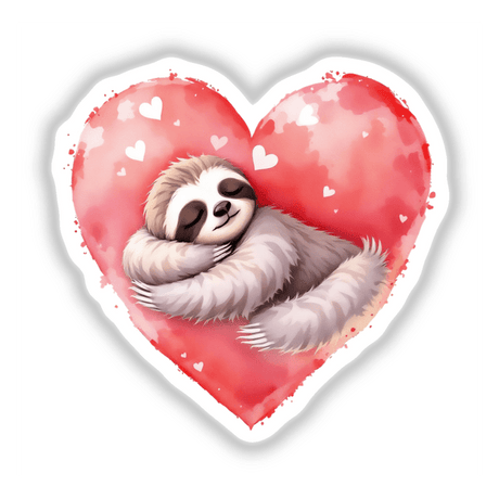 Watercolor Sleeping Sloth on a Heart, depicting a charming sloth embracing a heart, ideal as a durable sticker or digital artwork for nature and art enthusiasts.