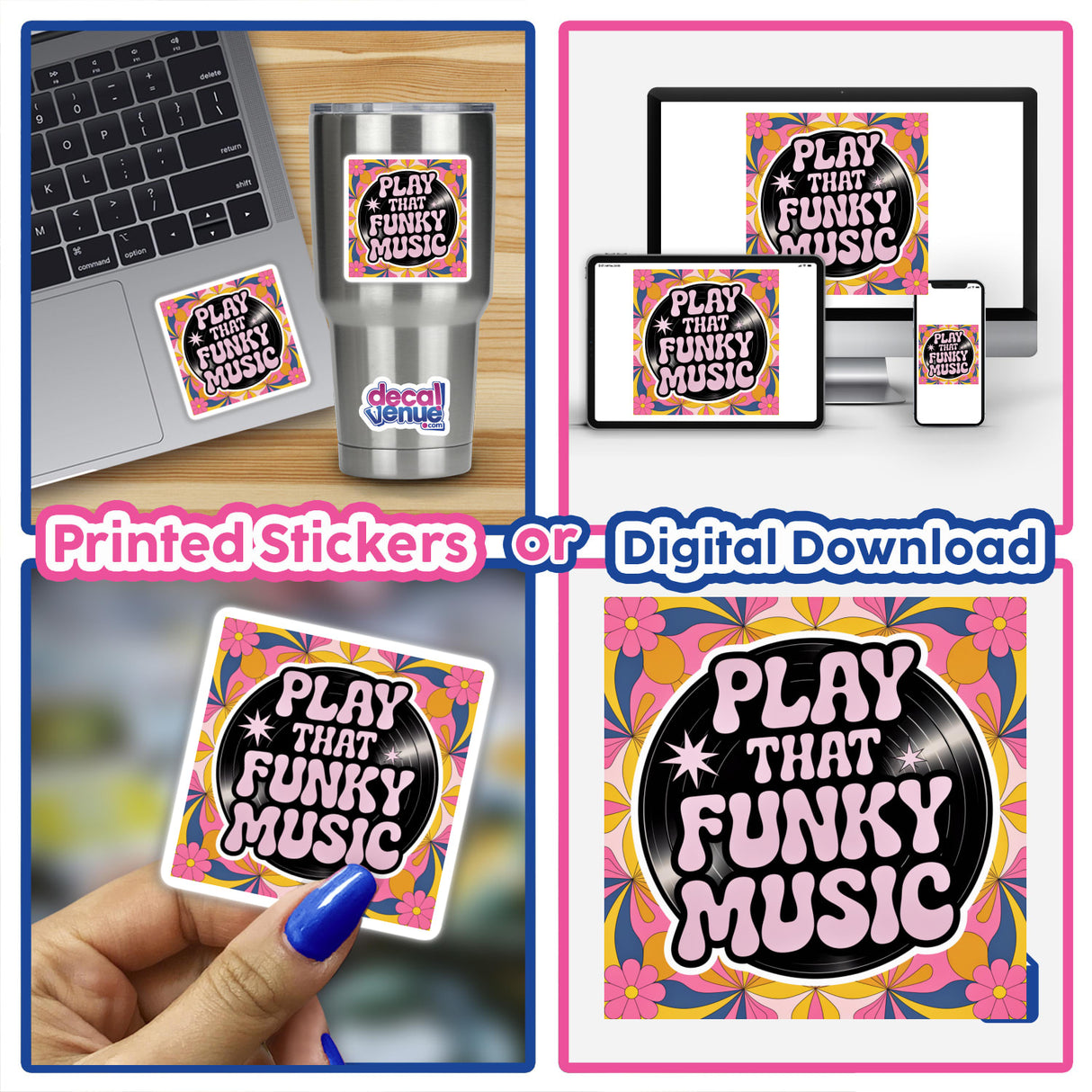 Play That Funky Music collage featuring laptops adorned with vibrant vinyl stickers and a close-up of a hand holding a flowery sticker, embodying funk's lively spirit.
