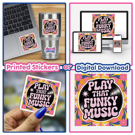 Play That Funky Music collage featuring laptops adorned with vibrant vinyl stickers and a close-up of a hand holding a flowery sticker, embodying funk's lively spirit.