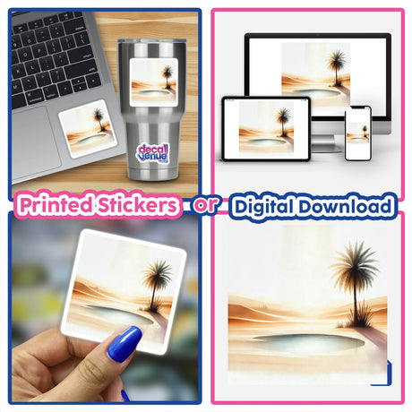 Collage featuring laptops and serene boho watercolor scenes titled Desert Oasis, depicting a tranquil desert landscape with palm trees. Available as stickers or digital artwork from Decal Venue.