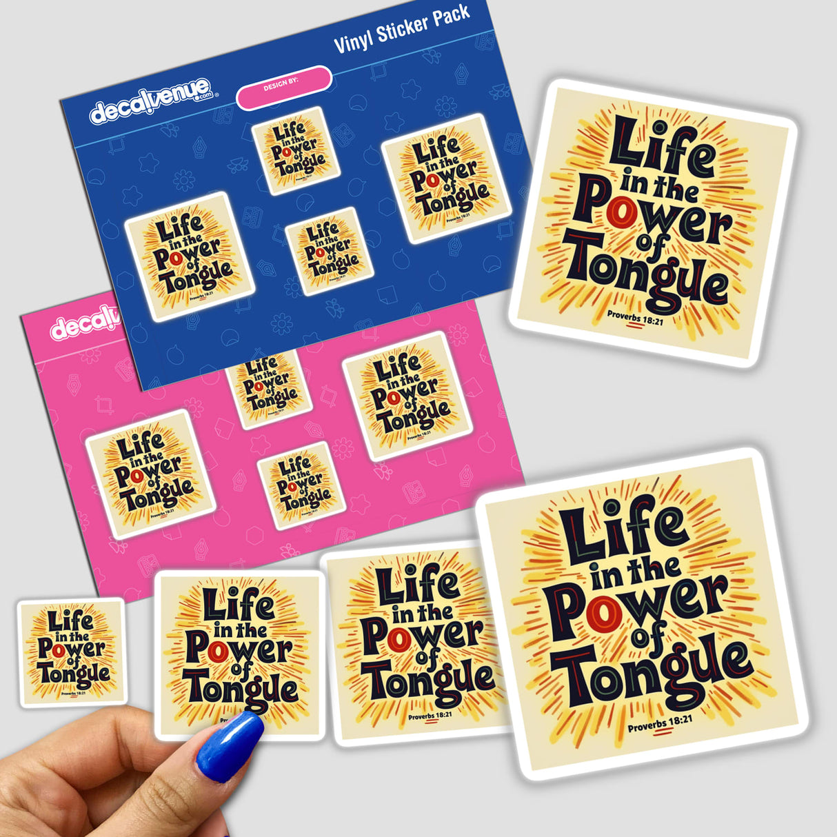 Hand holding Life in the Power of Tongue – Proverbs 18:21 Christian Clipart | Bible Verse Sticker, showcasing vibrant designs available as stickers or digital artwork, reflecting Decal Venue's unique collection.