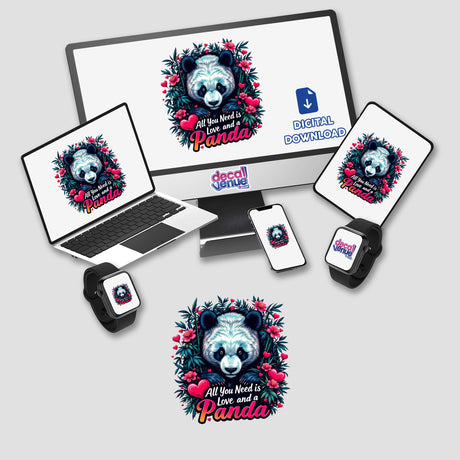 Panda Love design featuring a panda with flowers on a computer monitor and laptop, available as stickers or digital artwork from Decal Venue.