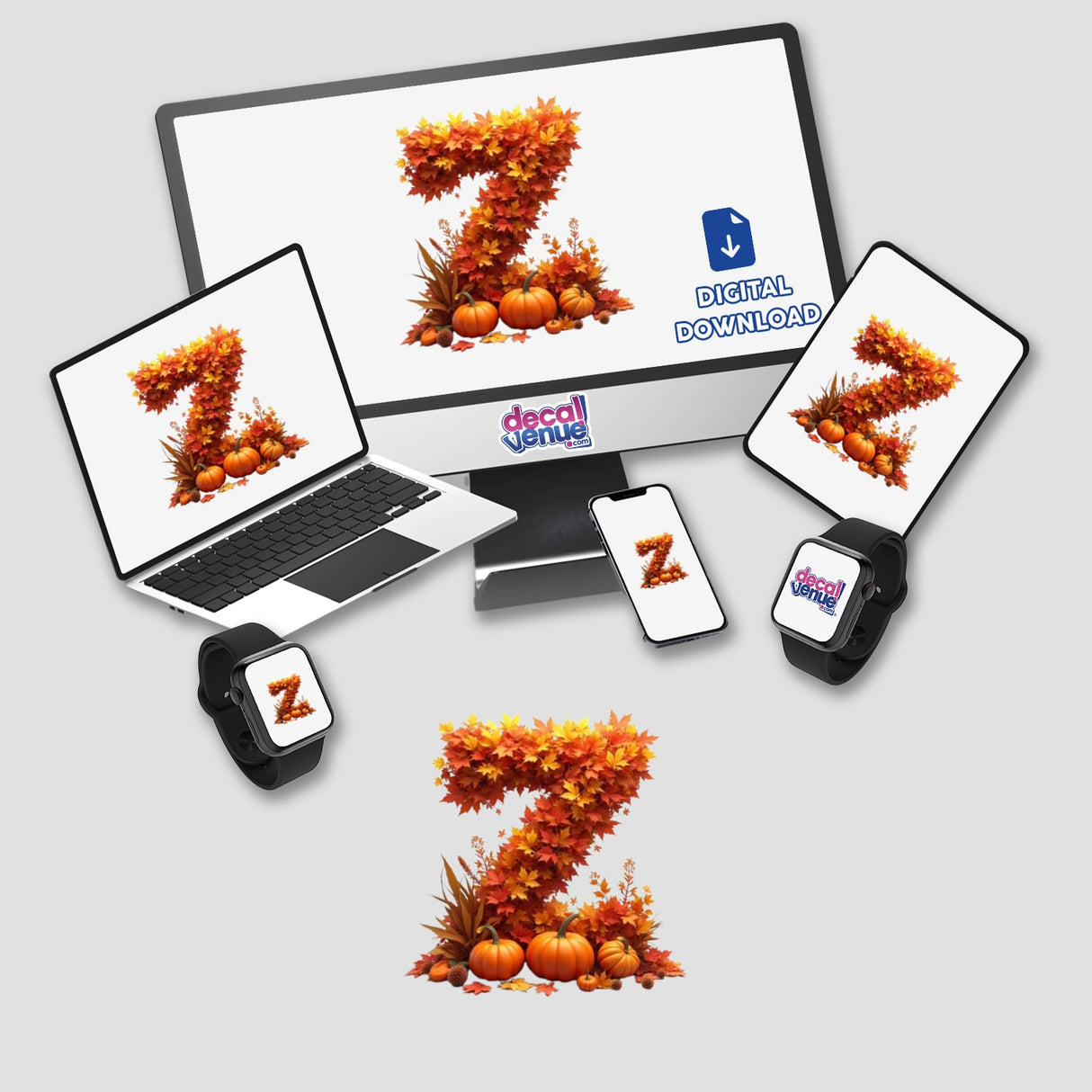 Thanksgiving Letter Z Clipart - Fall Leaves and Pumpkins Design - Stickers or Commercial Use Download featuring a computer screen, tablet, and phone displaying the festive letter Z with autumn elements.