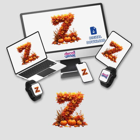 Thanksgiving Letter Z Clipart - Fall Leaves and Pumpkins Design - Stickers or Commercial Use Download featuring a computer screen, tablet, and phone displaying the festive letter Z with autumn elements.