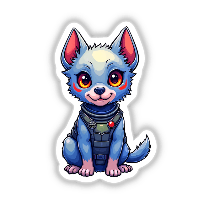 a small blue dog wearing a space suit