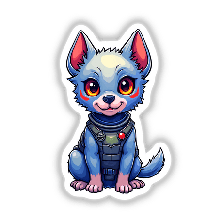 a small blue dog wearing a space suit