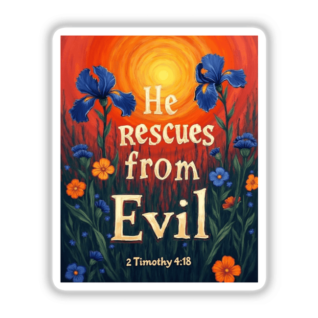 Fauvist Spring Marigold “He Rescues From Evil” 2 Timothy 4:18 Sticker or Clipart features vibrant flowers and plants, perfect for unique vinyl sticker collections or digital art enthusiasts.