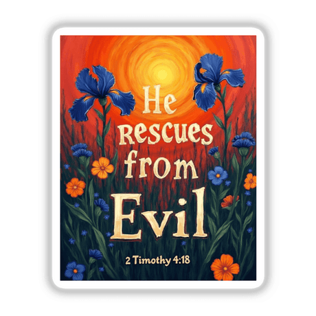 Fauvist Spring Marigold “He Rescues From Evil” 2 Timothy 4:18 Sticker or Clipart features vibrant flowers and plants, perfect for unique vinyl sticker collections or digital art enthusiasts.