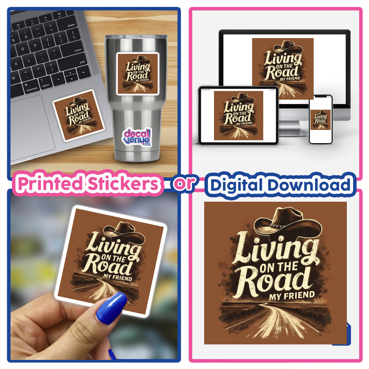 Living on the Road Pancho and Lefty Lyric Typography Sticker or Clipart shown on a laptop, highlighting its application as a versatile decorative element. Available as stickers or digital artwork with commercial rights.