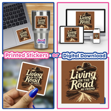 Living on the Road Pancho and Lefty Lyric Typography Sticker or Clipart shown on a laptop, highlighting its application as a versatile decorative element. Available as stickers or digital artwork with commercial rights.