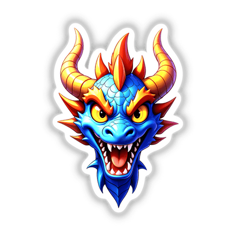 A Cool Fantasy Dragon cartoon illustration featuring a blue dragon with orange horns, offered as stickers or digital artwork from Decal Venue.