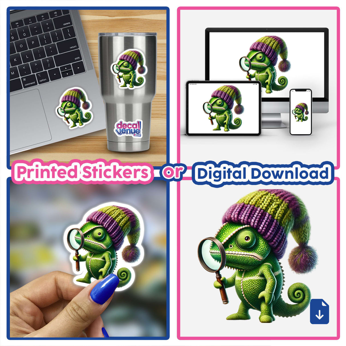 Whimsical green chameleon with magnifying glass and colorful hat, featured on printed stickers, digital downloads, and merchandise from Decal Venue's creative design collection.
